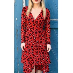Cabi Siren Wrap Dress Red Leopard Print Midi Women’s Size XS Long Sleeve Chic